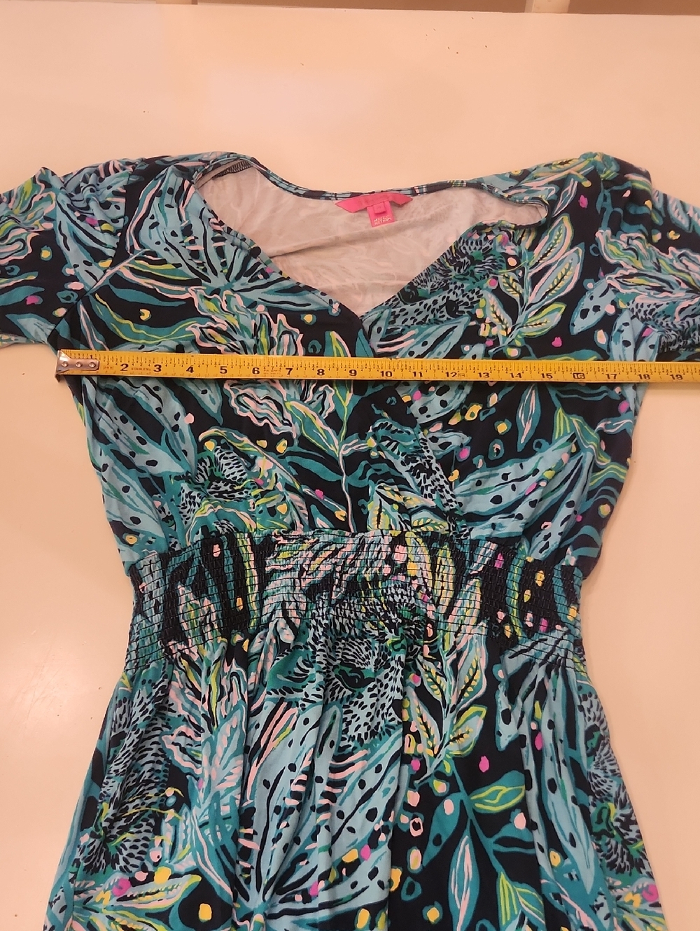 Lilly Pulitzer Tally Smocked Dress Catty Purrsonality Blue Long Sleeve Medium - Picture 9 of 11